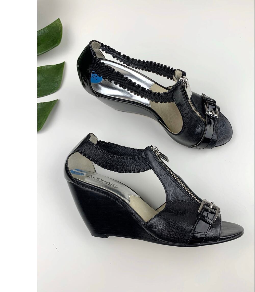 Michael Michael Kors Wedge Heel Sandals Black Leather Zip Front Women's 6.5M